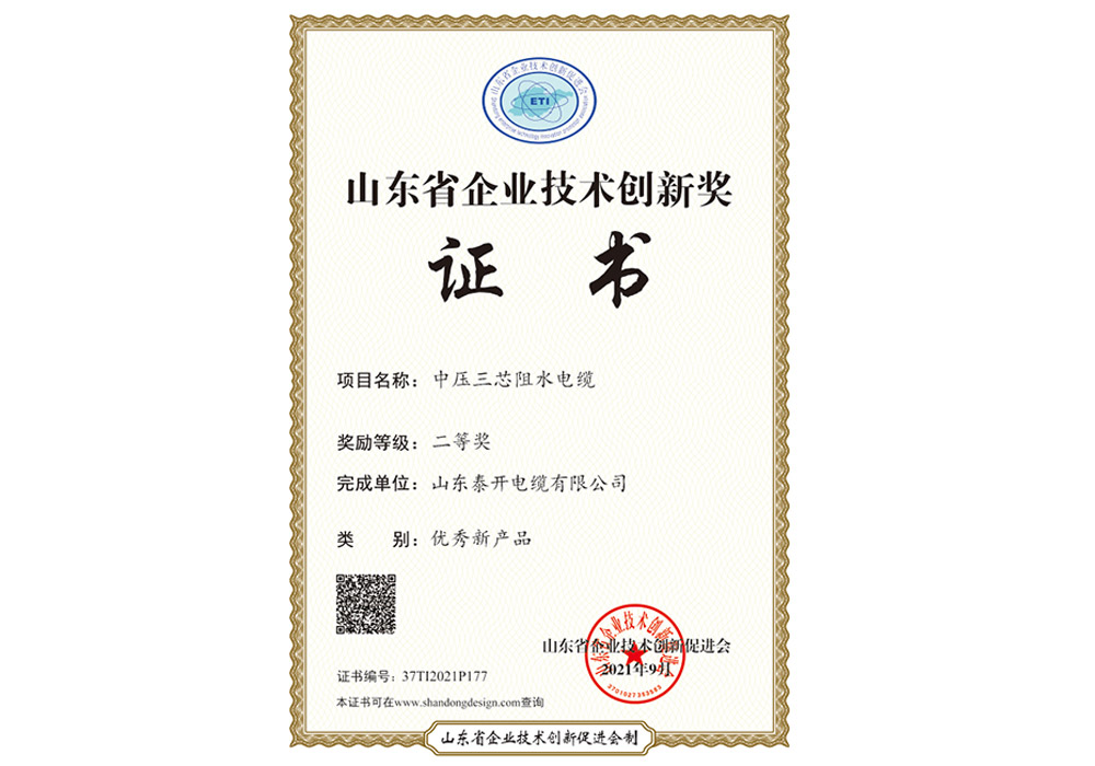 優(yōu)秀新產(chǎn)品獎(jiǎng)（中壓三芯阻水電纜）